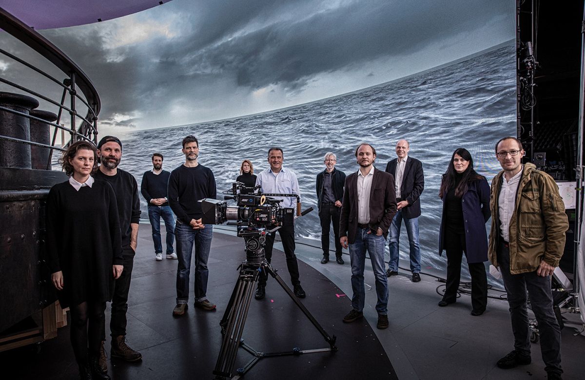 Cinematographer Nikolaus Summerer (fourth from left) and colleagues on the set of Netflix’s 1899. The production employs an LED volume at Germany’s Dark Bay Virtual Studio, built in association with the Arri Solutions Group. (Photo courtesy of Arri Inc.)