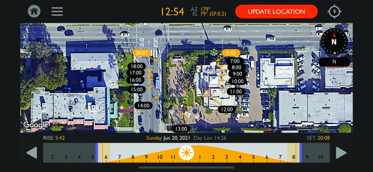 A screenshot from Chemical Wedding’s Helios Pro sun-tracking app, which presents the direction of the sun’s rays at specific times during a specified day. At the center of the image is the ASC Clubhouse in Hollywood, where an event is taking place.