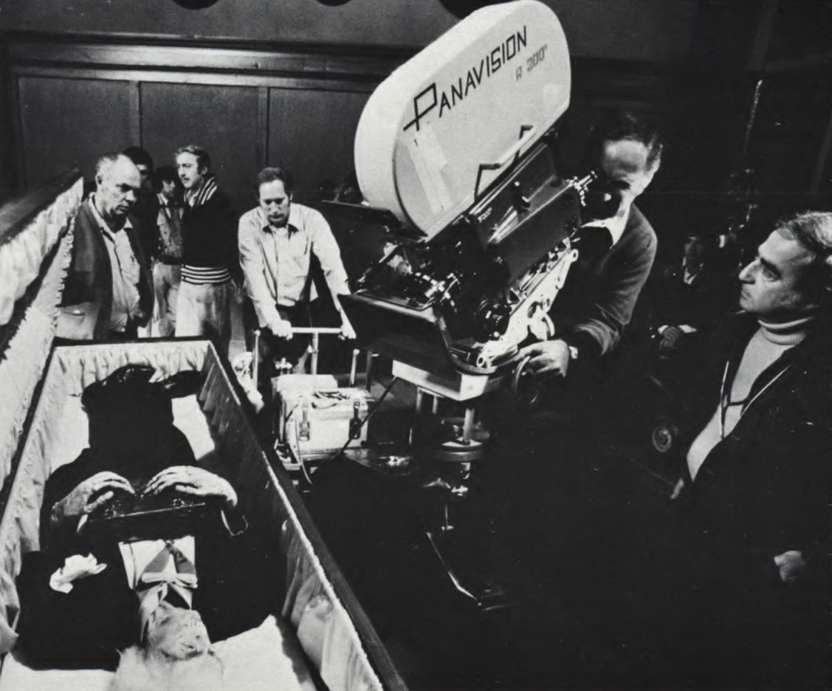 Brooks looks through the viewfinder at the ghoulish remains of the ancient deceased Frankenstein, while Hirschfeld (far right) awaits approval of the camera angle. Although the film is all in fun, from the audience standpoint, it represented an enormous technical challenge to the camera, sound, makeup, and special effects personnel.