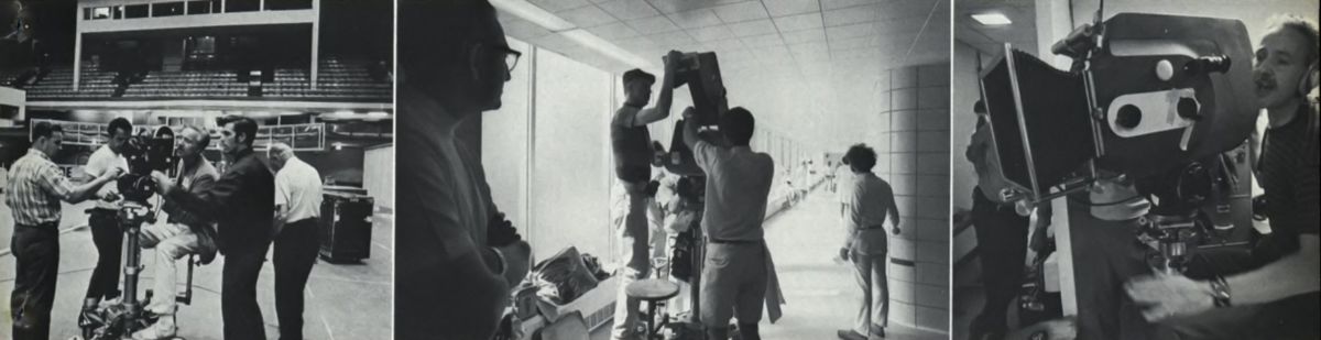 (Left) Filming inside Chicago’s International Ampitheater, at the site of the Democratic National Convention. The huge arena had previously been lit for a telecast of the event, so illumination was no problem. (Center) Camera crew prepares to shoot a long dolly shot down hospital corridor. (Right) An Éclair camera is shown housed inside special 1,000' magnesium blimp custom-built to dampen camera noise. Smaller blimps (400' and 200') were also available.