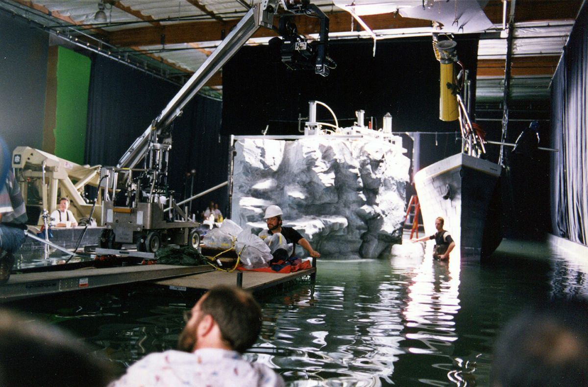 A crane is prepped to angle in as a special ship miniature is readied for an icy impact. (Photo by Eric Erb)