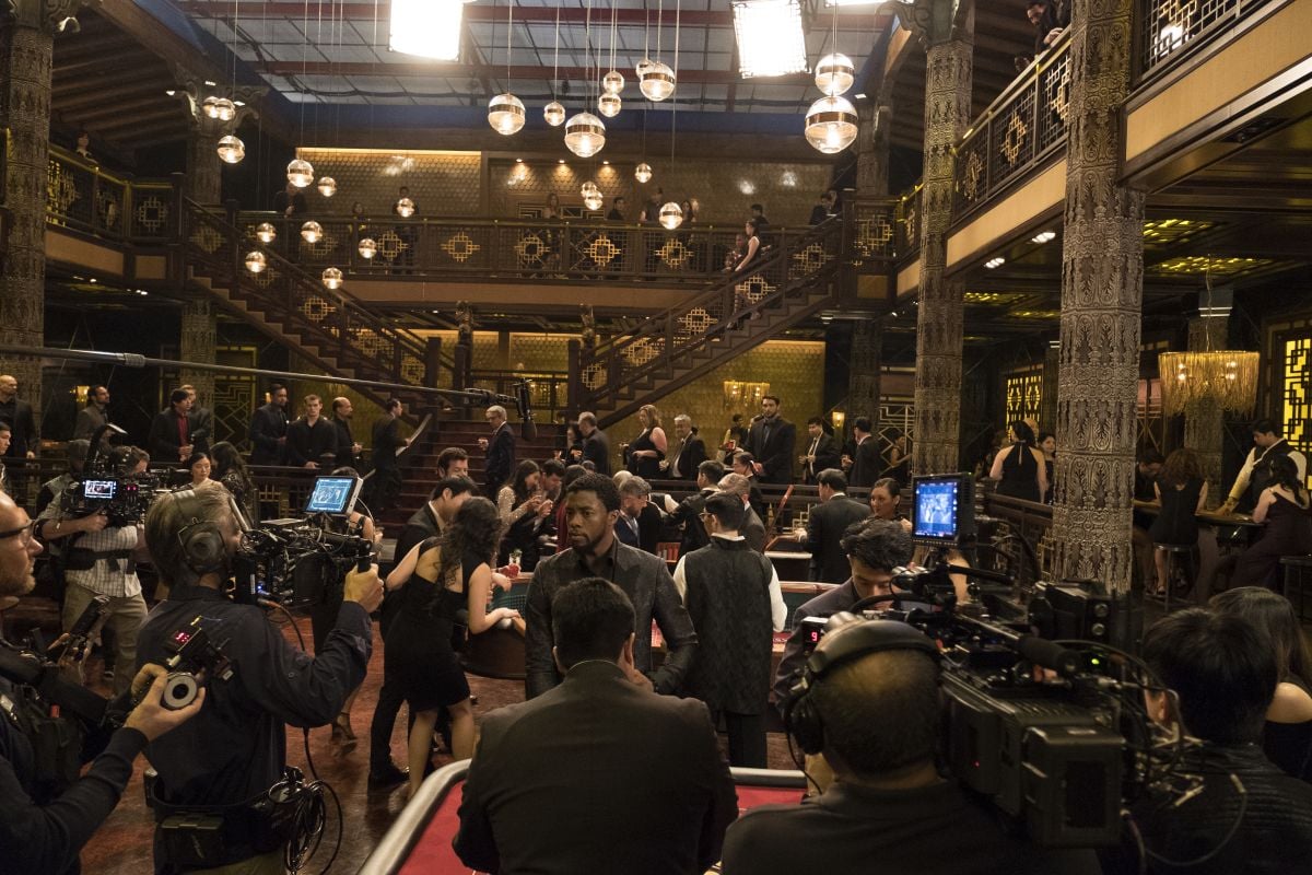 Shooting on the two-level underground Korean casino set, built within Stage 7 at Screen Gems.