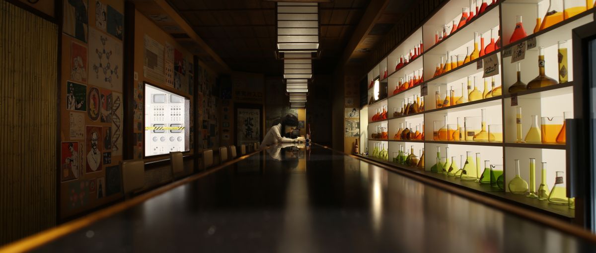 The character Yoko Ono (voiced by Yoko Ono) is introduced in a sake bar.