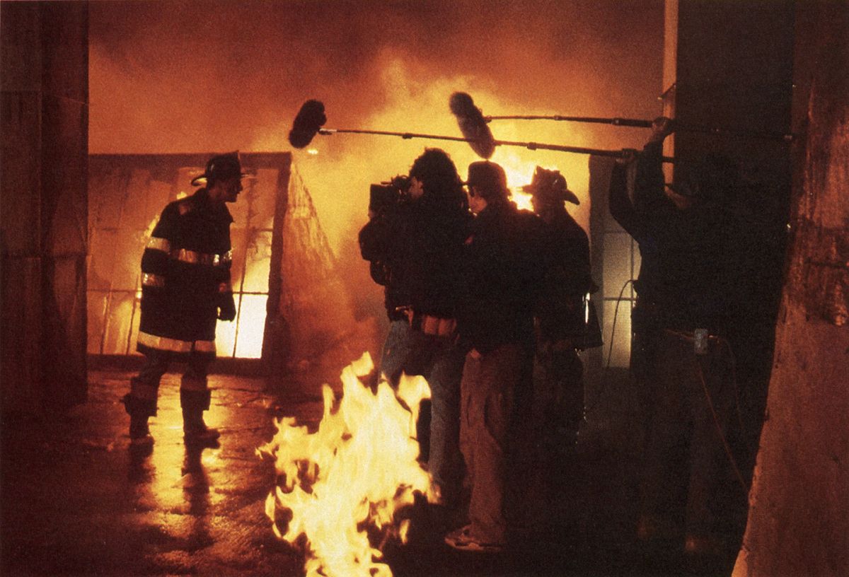Salomon’s crew sets up on actor Billy Baldwin while shooting Backdraft (1991). (Photo from the AC Archives.)