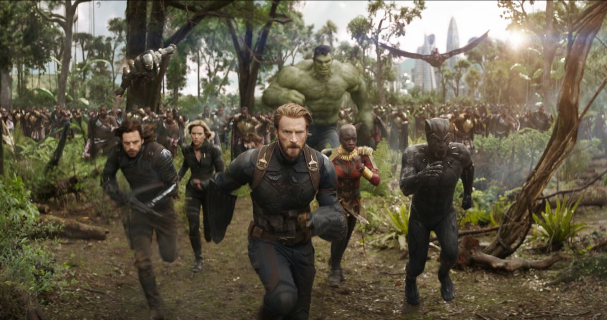 From left: Bucky Barnes (Sebastian Stan), Black Widow (Scarlett Johansson), Rogers, Okoye (Danai Gurira) and Black Panther lead the charge, with War Machine (Don Cheadle), Hulk and Falcon just behind them.