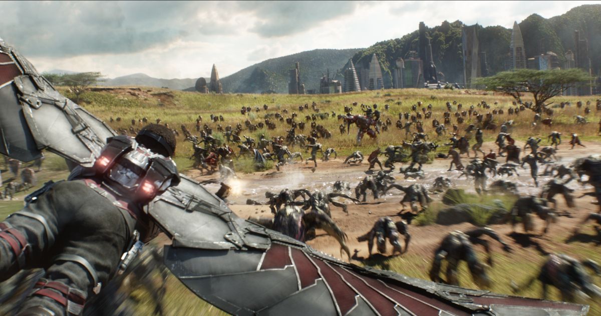 Falcon (Anthony Mackie) soars above the battlefield in Wakanda.