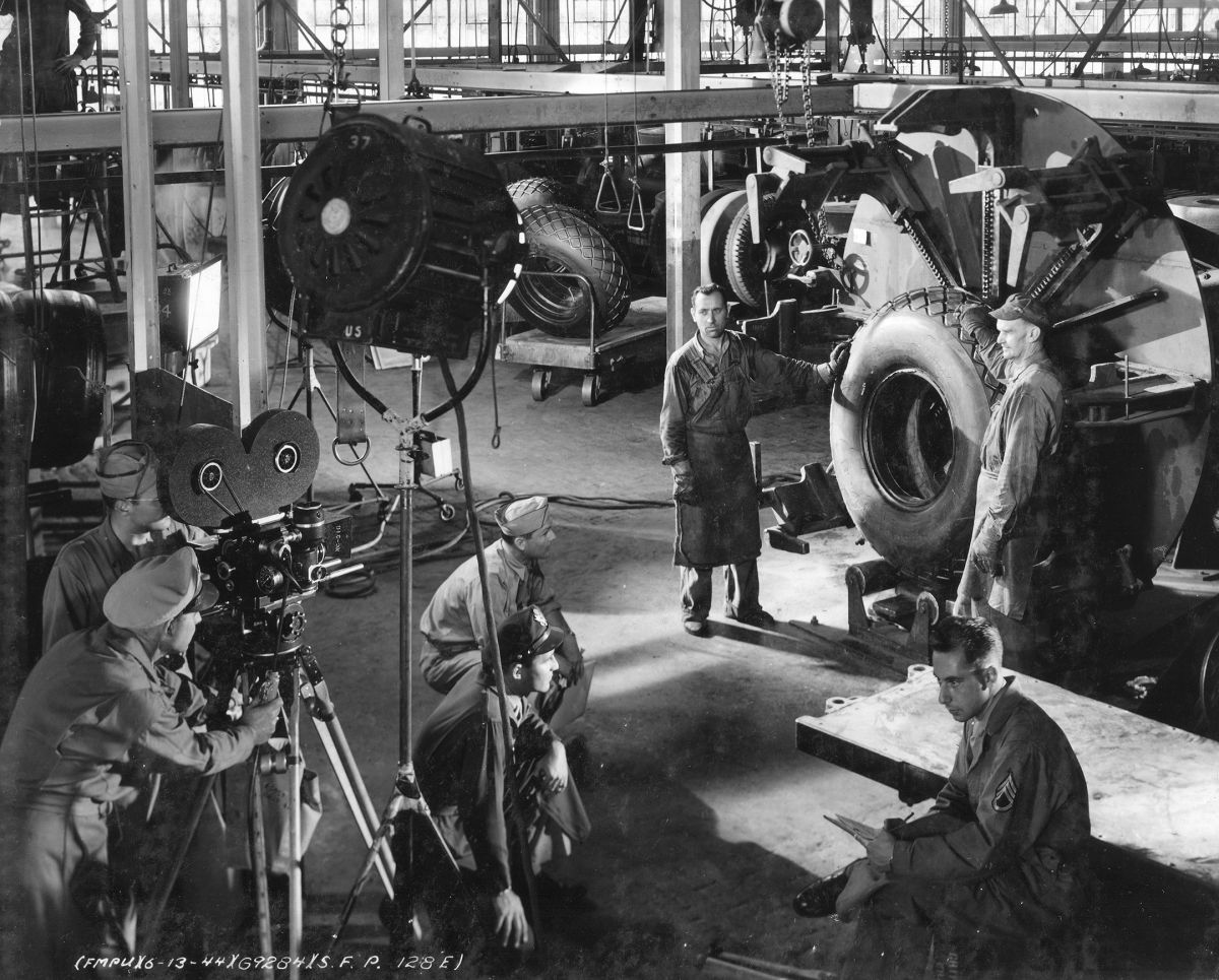 A U.S. Army Signal Corps motion-picture unit crew shoots a training film.