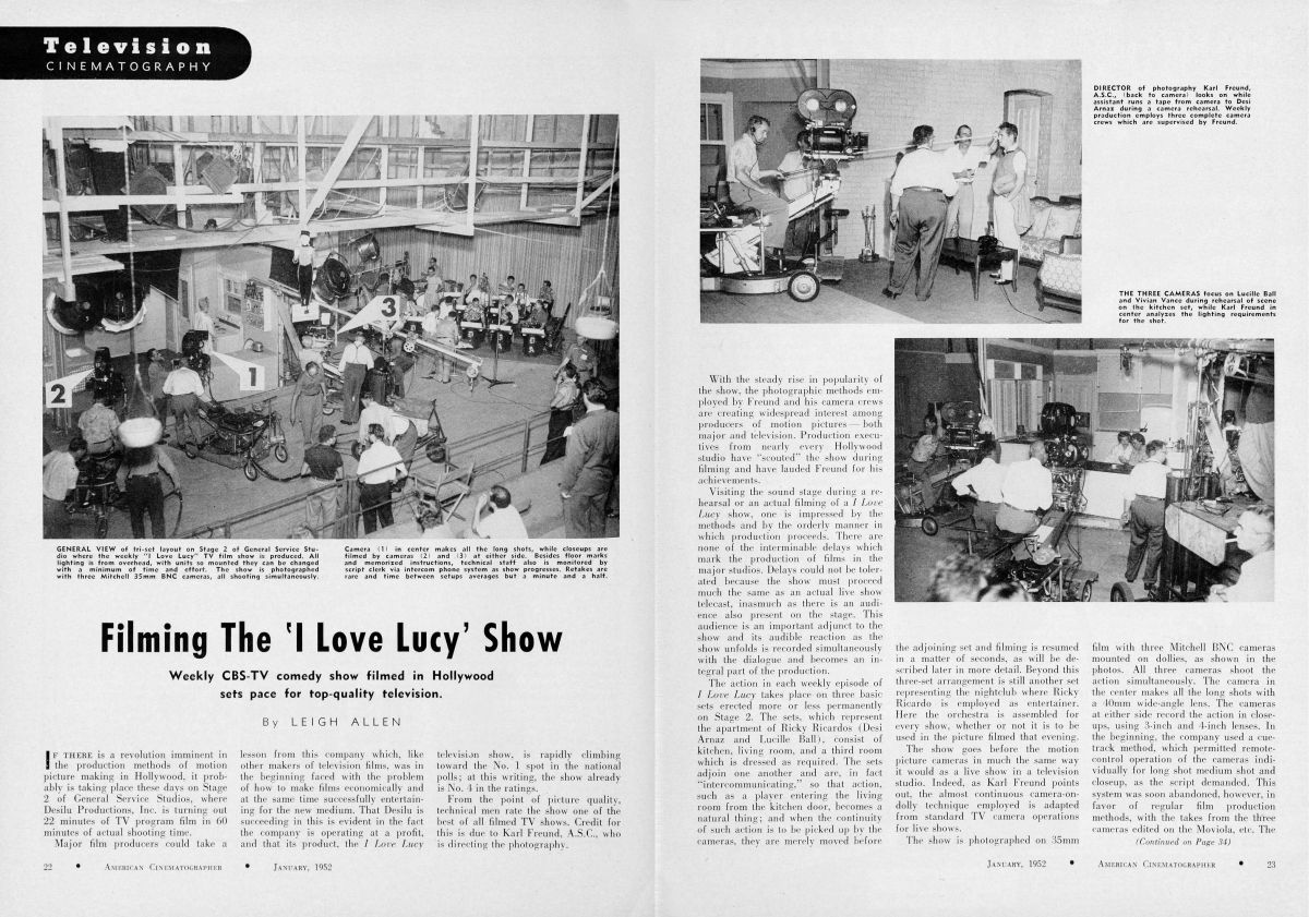 While the decrease in Hollywood feature-film production led to a drop in studio employment, the rise in TV production was actually a boon for experienced Hollywood cinematographers. By the spring of 1953, AC was able to report that  “an average of 35 cinematographers each week were shooting TV films in Hollywood” — adding, “It has been a long time since there have been that many cameramen working simultaneously in feature-film production.” The employment of ASC cinematographers dramatically improved televisual style as the new medium shifted from live broadcasts to filmed programming. In January 1952, Leigh Allen proclaimed, “Major film producers could take a lesson from” Desilu, in an article profiling the streamlined production process of I Love Lucy and the contributions of Karl Freund, ASC in innovating the method of filming with three cameras before a live studio audience. [12]