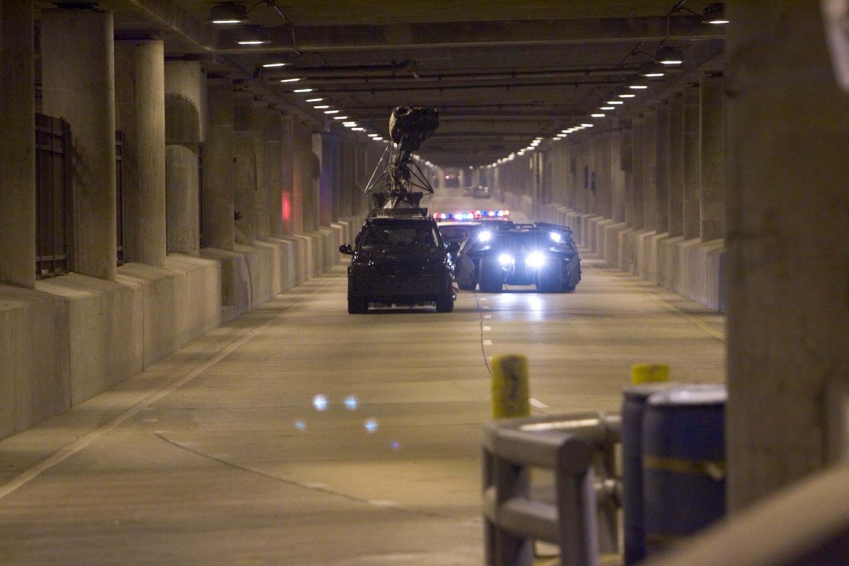 A tracking vehicle captures some driving action in the tunnel of Chicago’s Lower Wacker Drive. Existing fixtures provided much of the illumination, but U.S. gaffer Cory Geryak and his crew augmented light in areas where stunts would take place.